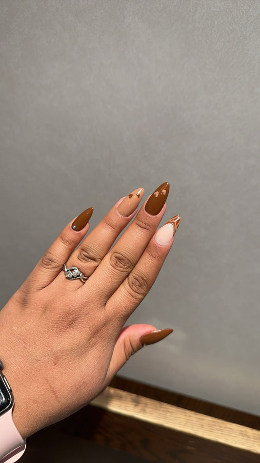 Light and dark brown heart and French tip set