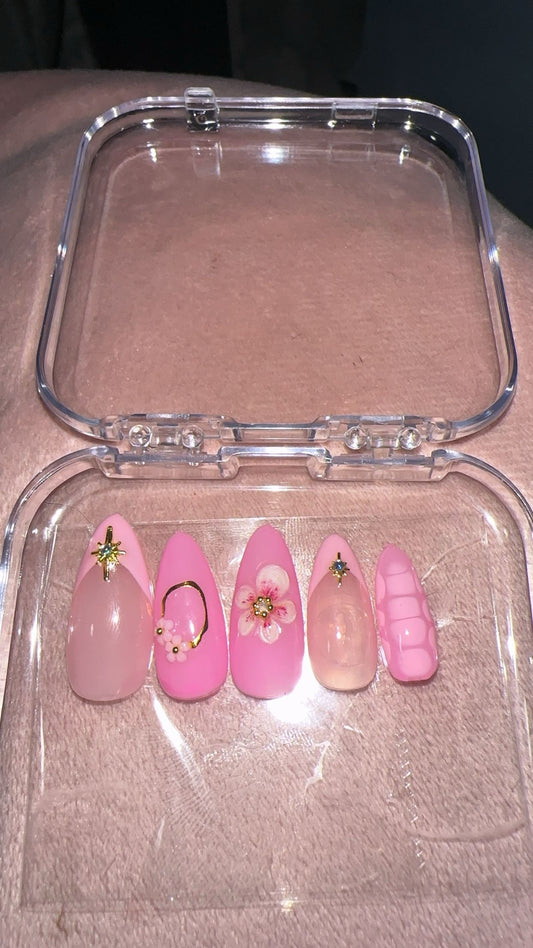 3D pink flower nail set